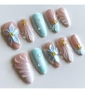 24Pcs Blue Summer Press on Nails Medium Almond Fake Nails with Gold Beads Starfish Glue on Nails ...