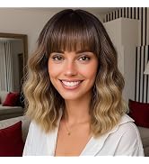 Blonde Wig with Bangs for Women 12inch Short Ombre Highlights Blonde Bob Wavy Curly Hair Wigs Hea...
