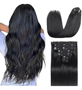 Sisily Clip in Hair Extensions Real Human Hair, 24 Inch Premium Human Hair Clip in Extensions Jet...