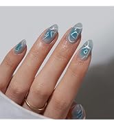 BTArtbox Press On Nails Short - Lamp-Curable Sparkly Blue Almond Press On Nails with Glue for Wom...