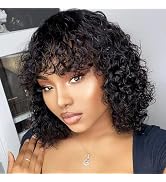 ZHENLISI Short Curly Bob Human Hair Wig with Bangs 100% Human Hair Glueless Wear and Go No Lace W...