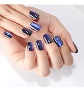Short Square Press On Nails Blue to Black Gradient Cat Eye Press on Nails with Glue for Women Ash...