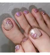 24Pcs Holographic Press on Toenails Short French Summer Glue on Toenails Purple Powder Butterfly ...