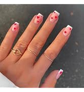 24 Pcs French Tip Press on Nails Short Square Valentine's Day Fake Nails with Red Heart Design Gl...