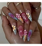 MISUD Press on Nails - Medium Almond Fake Nails with Gold Chrome, Acrylic Handmade Flower Design ...