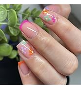 French Press on Nails Short Square Fake Nails Flower False Nails Cute Colorful Floral Designs Glo...
