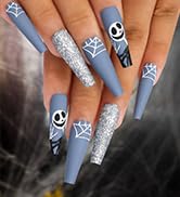 Morily 24Pcs Halloween Skeleton Press on Nails Gray Blue Long Coffin Stick on Nail Acrylic Matte ...