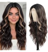 HMHIFI Long Brown Wig for Women 26Inch Wavy Curly Brown Highlight Blonde Hair Wigs Synthetic Hair...