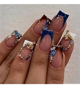 BABALAL Punk Press On False Nails Short Square Fake Nails Fall Cheetah Glue ons Blue White French...
