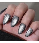Stbisen Cat Eye Press on Nails Short Almond, Nude Silver Press on Nails Almond, Fashion Gel Fake ...