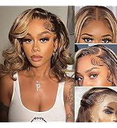 QNQZ 14 Inch Ombre Body Wave Bob Lace Front Wig Human Hair 13X6 Highlight Lace Front Short Body W...
