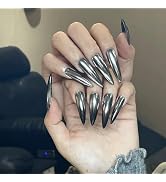 24 Pcs Silver Chrome Press on Nails Long Fake Nails Reusable False Nails Kit Stiletto Press on Na...