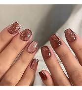 MISUD Press on Nails - Short Square Glue on Nails with Fall Brown, Acrylic Bling Cat Eye Design 2...