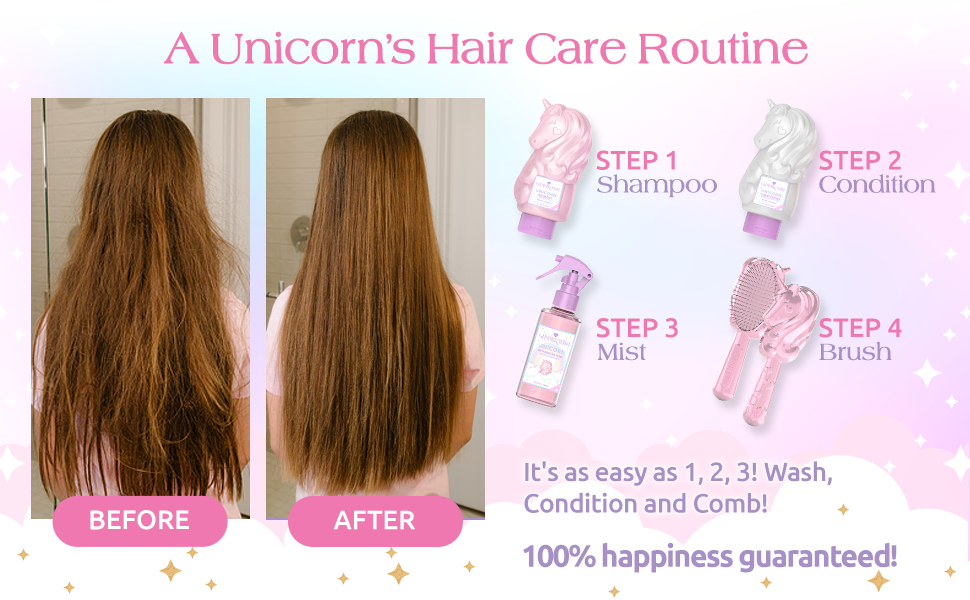 Glimmer Wish Mermaid Shampoo and Conditioner before and after images )tangled vs. detangled hair=