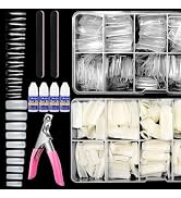 Yokilly 1000PCS Square Nail Tips and Glue, Clear Natural False Acrylic Nail Tips, Half Cover 10 S...