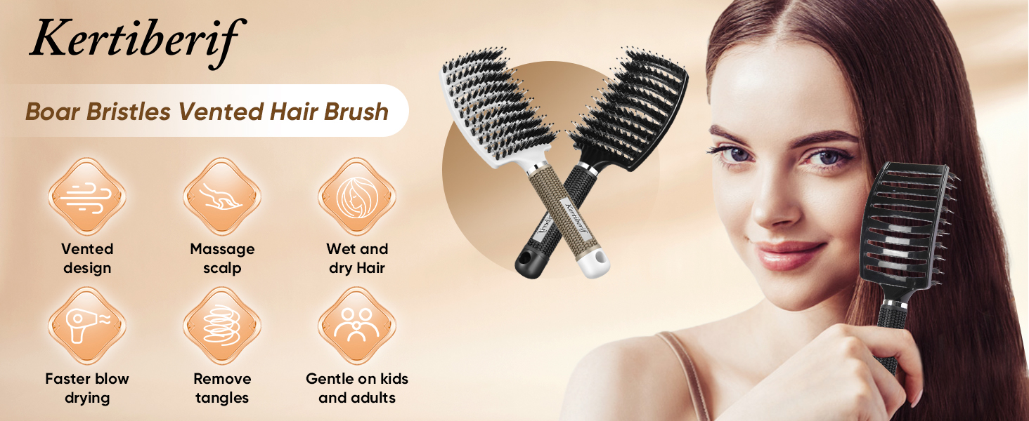 boar bristle curved vented hair brush for blow drying, suitable for wet and dry hair