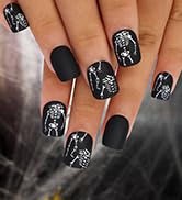 Morily 24Pcs Halloween Black Skeleton Press on Nails Short Matte Square Fake Nails with Design Ac...
