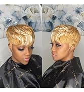 QiaQiaRing Chic Elegent Pixie Cut Human Hair Wigs for Black Women Short Layered Pixie Wigs With B...