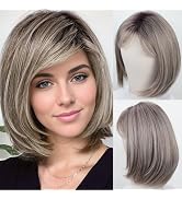 RENERSHOW Short Ombre Grey Wigs for Women Layered Chin length Gray Bob Wig Mid-length Straight Ha...