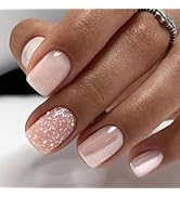 Chrome Press on Nails Short Square Fake Nails Glitter Design Acrylic False Nails Nude Pink Glossy...
