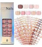 216 Pcs White French Tip Press on Toenails Short Square Fake Toe Nails Nude Glossy Acrylic Glue O...