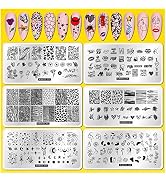Flower Leaf Nail Stamping Plate 6 Pcs Nail Stamp Plates with Leopard Print Heart Stripe Holiday N...