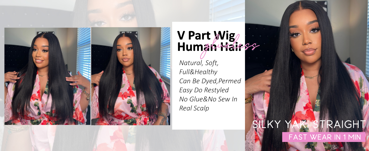 gluelss v part wig human hair no leave out yaki straight