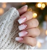 Christmas Press on Nails Medium Square Fake Nails with Designs Snowflake Stick on Nail French Acr...