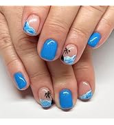 Blue Press on Nails Short Square Fake Nails with Coconut Palm Glitter Designs Sea Wave Glue on Na...