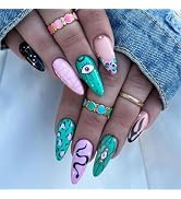 Gothic Eye Press on Nails Medium Almond Fake Nails with Green Leopard Design Pink Crocodile False...