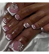 White French Tip Press on Toenails Short Square Fake Tonails with Flower Designs Spring False Toe...