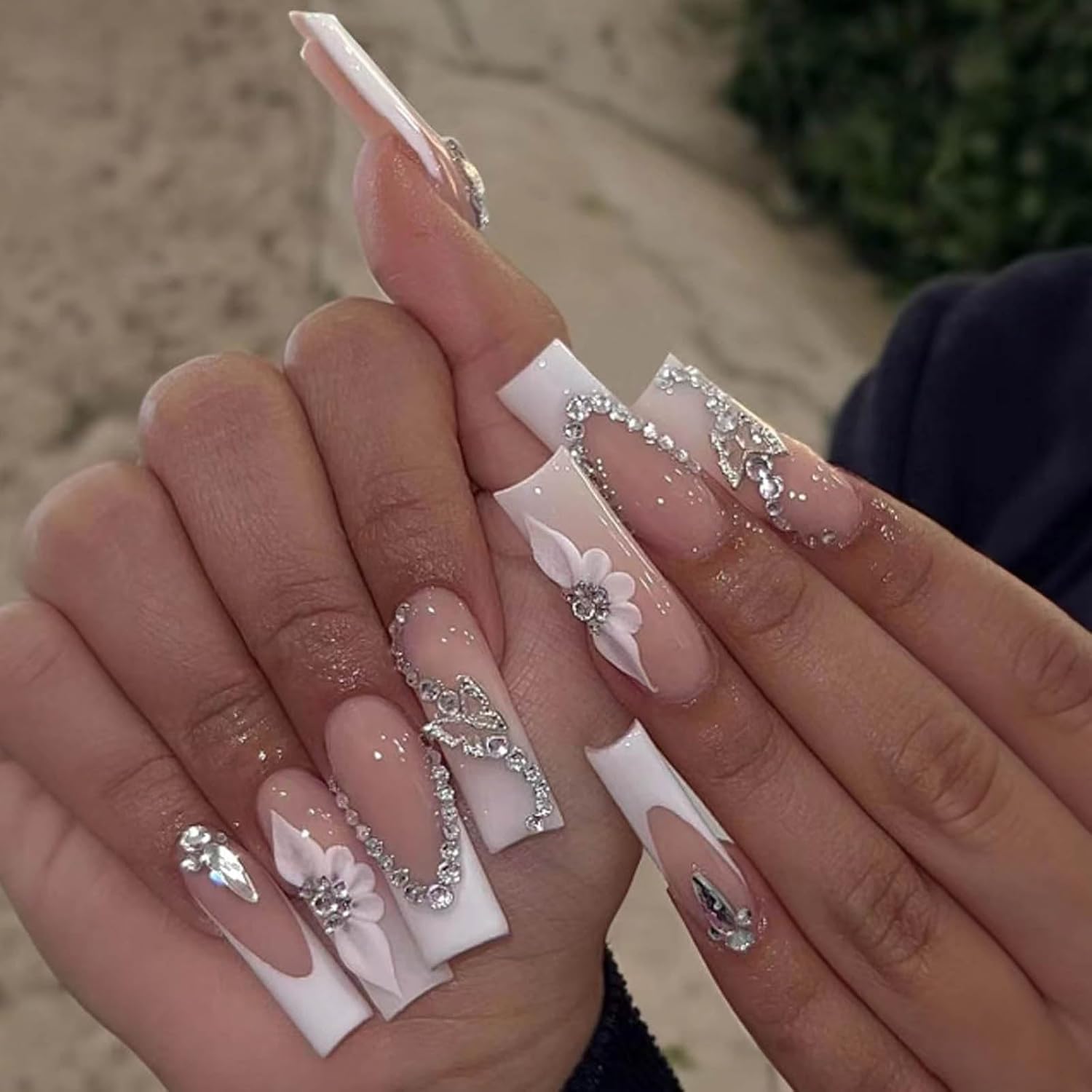 Fake Nails Butterflies Long Press on Coffin Nails Crystal Full Cover Acrylic French Shiny Fake Nails for Women and Girls 24PCS