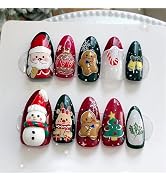 24Pcs Red Green Christmas Press on Nails Cute Christmas Fake Nails with Snowman Deer Gingerbread ...