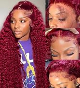 99j Burgundy Lace Front Wigs Human Hair 200 Density 13x4 Deep Wave Lace Front Wigs Human Hair Pre...