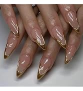 MISUD Press on Nails Medium Almond Fake Nails Glossy Glue on Nails 3D Gold Chrome Acrylic Nails S...
