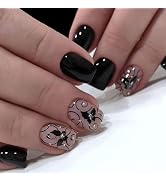 GXOIPNS Black Press on Nails Short Square False Nails with Butterfly Designs Short Full Cover Acr...