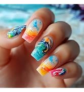 Ombre Press on Nails Medium Square Fake Nails with Sliver Glitter Design Gradient Blue Orange Glu...