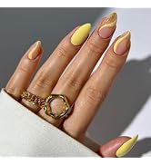 French Tip Press on Nails Short Almond Fake Nails with Gold Glitter Yellow Lines Designs Yellow &...