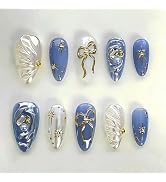 24Pcs Almond Press on Nails Medium Length 3D Bow Fake Nails With Pearl Gold Beads Diamond Stick o...