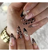 MISUD Press on Nails - Medium Almond Fake Nails with Fall Brown, Acrylic Cheetah French Tip Desig...