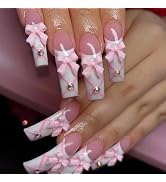 White French Tips Press on Nails Long Fake Nails with Pink Bow Charm Design Curved Stick on Nails...