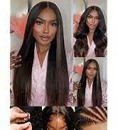 Sunber Ombre Chestnut Yaki Straight Human Hair Wigs with Drawstring Put and Go Bye Bye Knots Pre ...