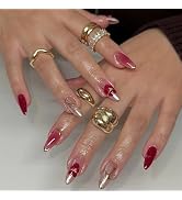 MISUD Press on Nails - Medium Almond Glue on Nails with Wine Red Flower, Acrylic Chrome Design 24...