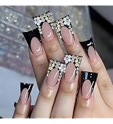 IMSOHOT Medium Duck Press on Nails Black French Tip Fake Nails with Rhinestone & Flower Design Gl...