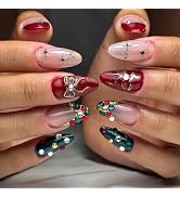 24Pcs Christmas Almond Press on Nails Medium Fake Nails French Tip False Nails with Bow Colorful ...