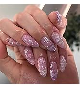 Stiletto Press on Nails Long Almond Fake Nails Pink Gradient Ware False Nails with Designs 5D Flo...
