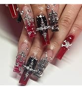 MISUD Press on Nails - Long Square Glue on Nails with Goth Red Black, Acrylic Gohtic Y2K Cross De...