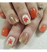 Fall Press on Nails Thanksgiving False Nails Short Square Fake Nails Maple Leaf Stick on Nails Au...