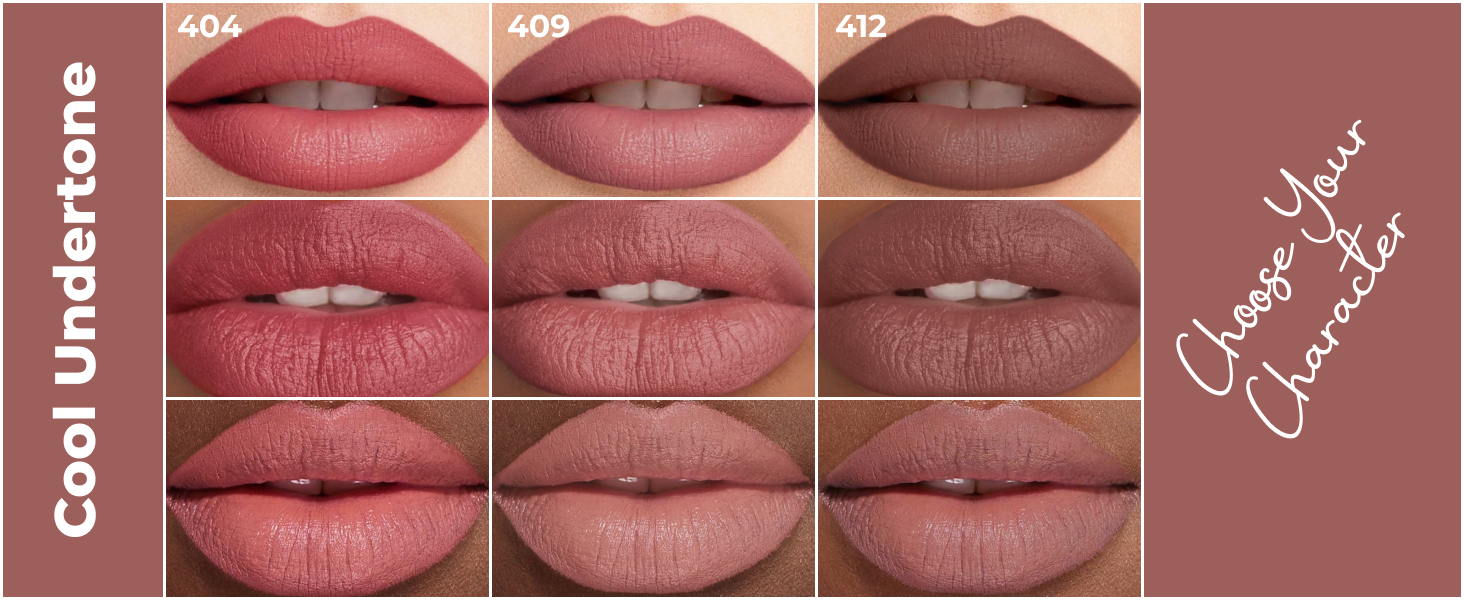 Cool undertone lip pencils: 404 (berry pink), 409 (mauve lip liner) and 412 (dark brown lip liner)