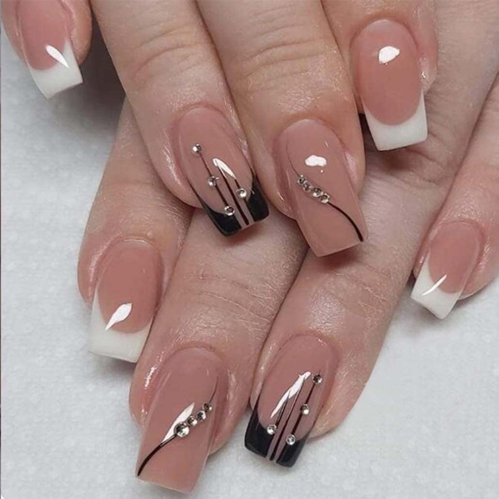 Foccna Fake Nails Tips Square Press on Nails Women's French False Nails Medium Glossy Daily Wear Colorful Artificail Nails for Nail Art Manicure Decoration,24pcs 